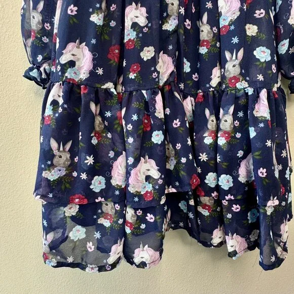 TUTU’S & TAMBOURINES Woodland Creatures Dress Girls 7 Blue Bunny Rabbit Unicorns - Picture 5 of 8